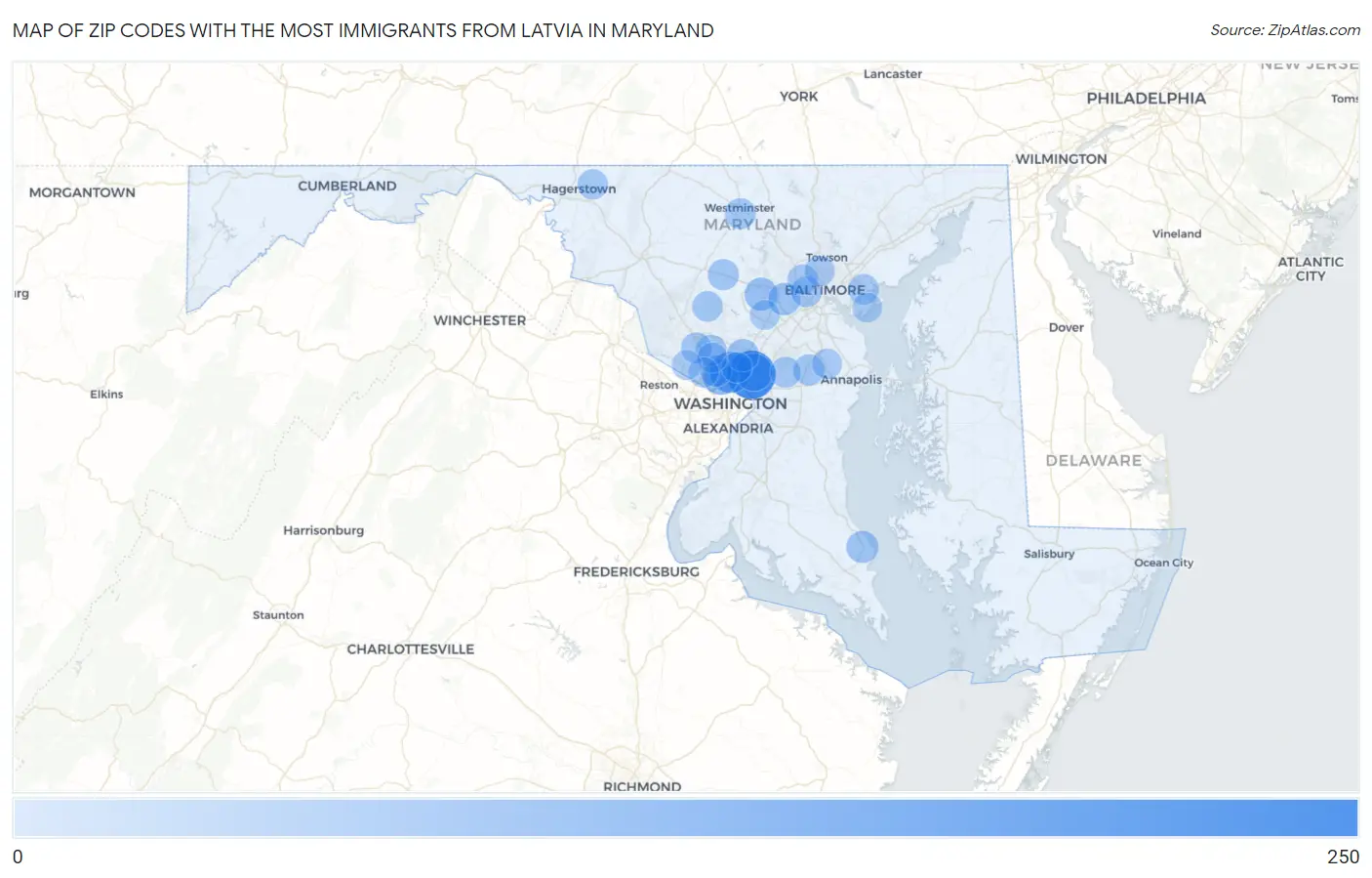 Zip Codes with the Most Immigrants from Latvia in Maryland Map