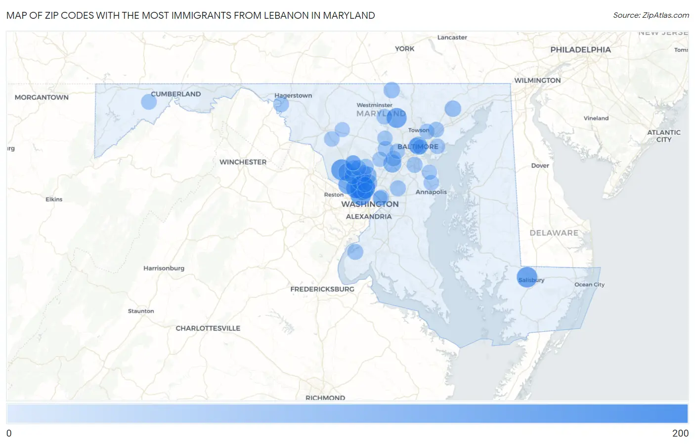 Zip Codes with the Most Immigrants from Lebanon in Maryland Map