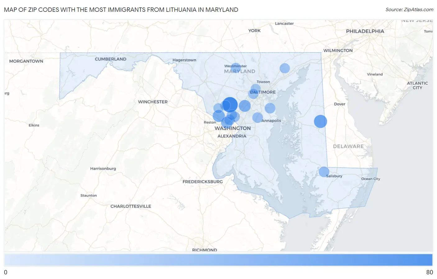 Zip Codes with the Most Immigrants from Lithuania in Maryland Map