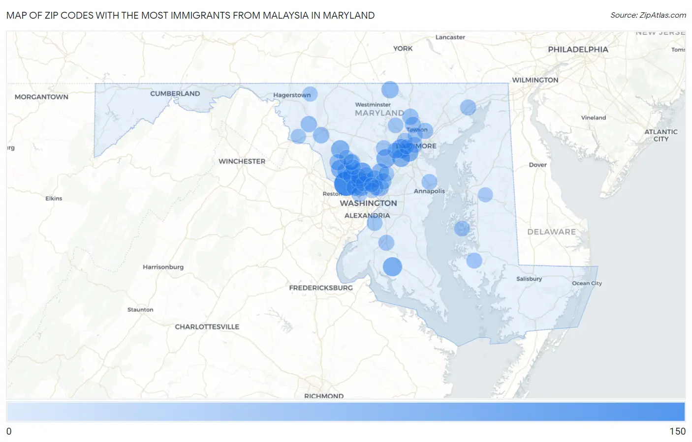 Zip Codes with the Most Immigrants from Malaysia in Maryland Map