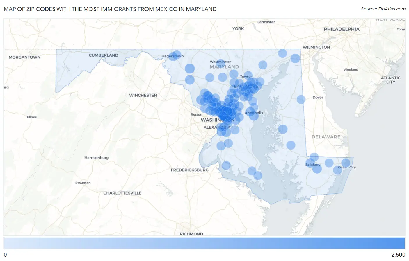 Zip Codes with the Most Immigrants from Mexico in Maryland Map
