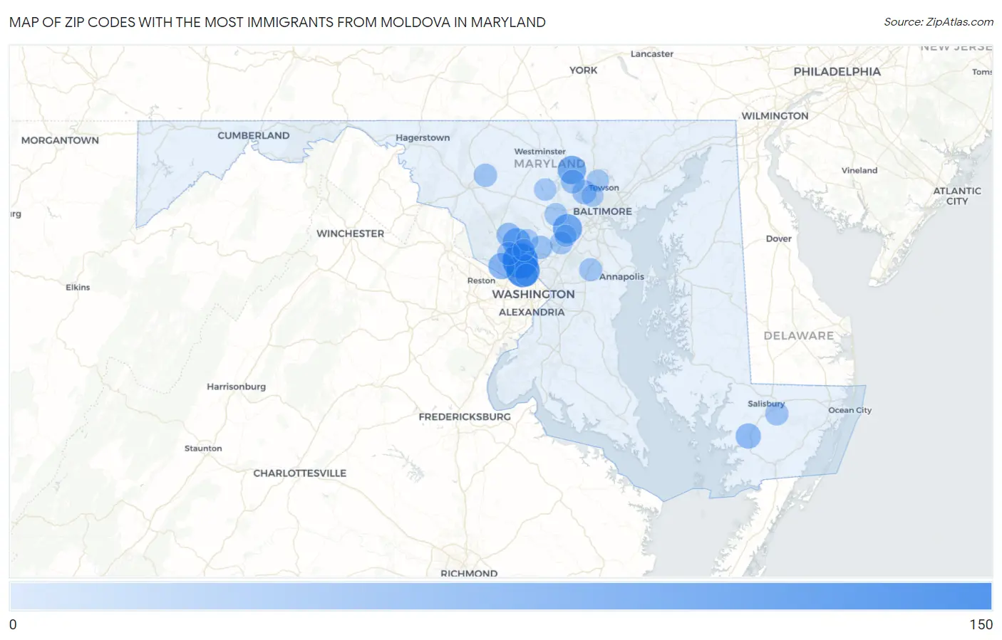 Zip Codes with the Most Immigrants from Moldova in Maryland Map