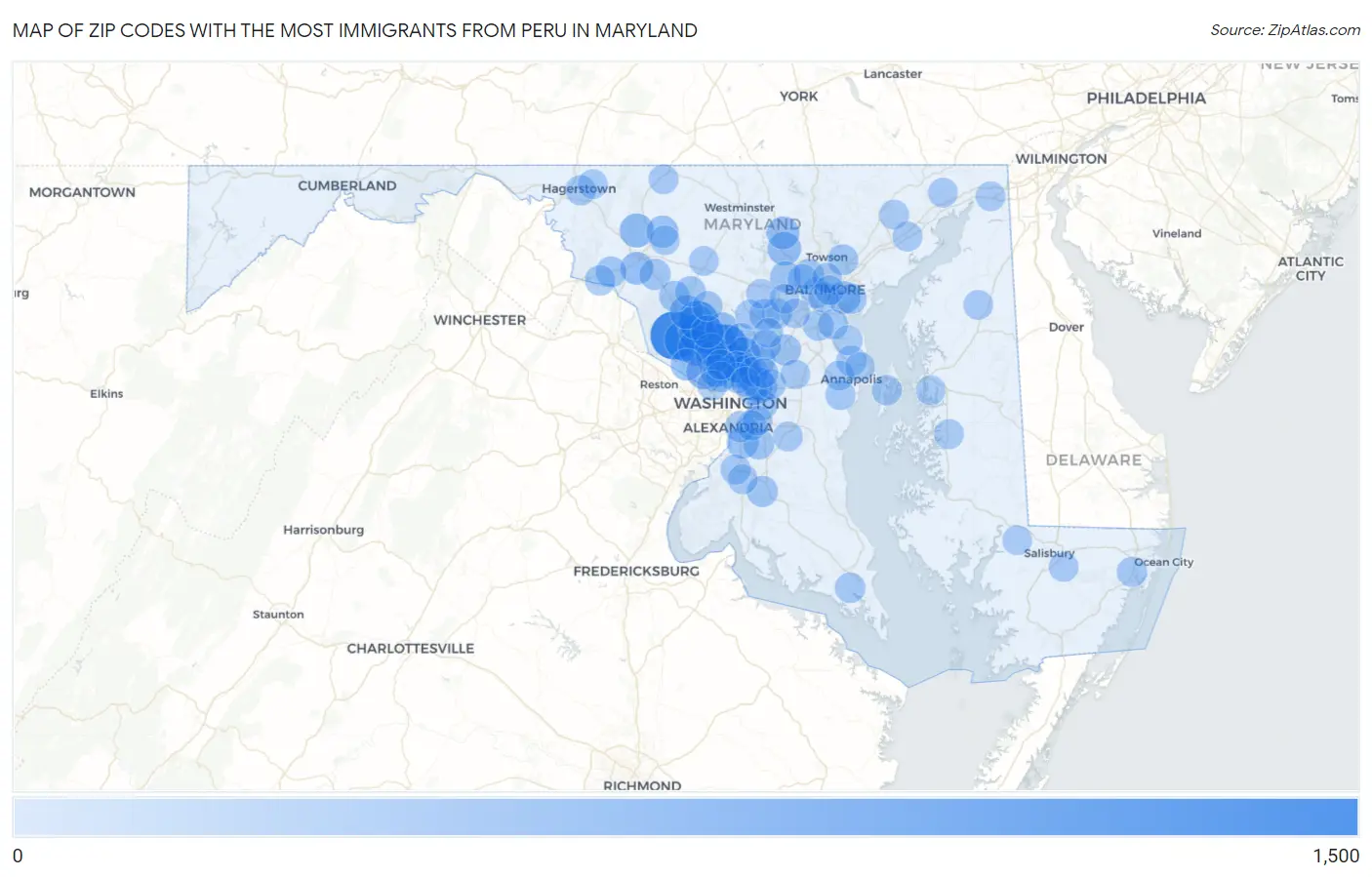 Zip Codes with the Most Immigrants from Peru in Maryland Map
