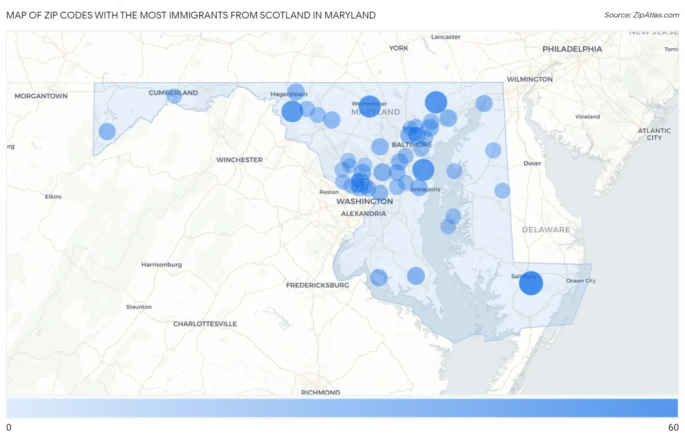 Zip Codes with the Most Immigrants from Scotland in Maryland Map