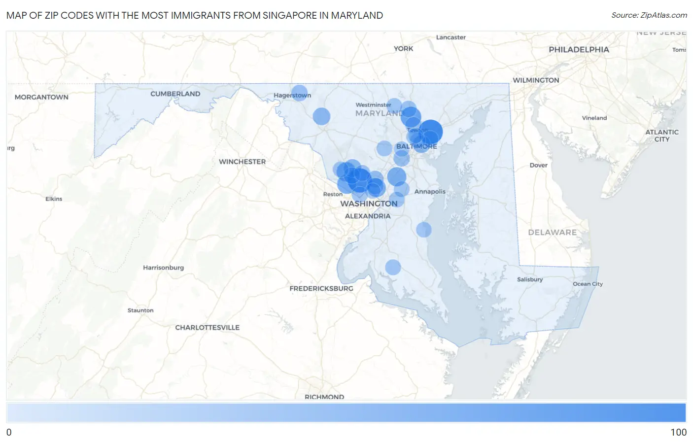 Zip Codes with the Most Immigrants from Singapore in Maryland Map
