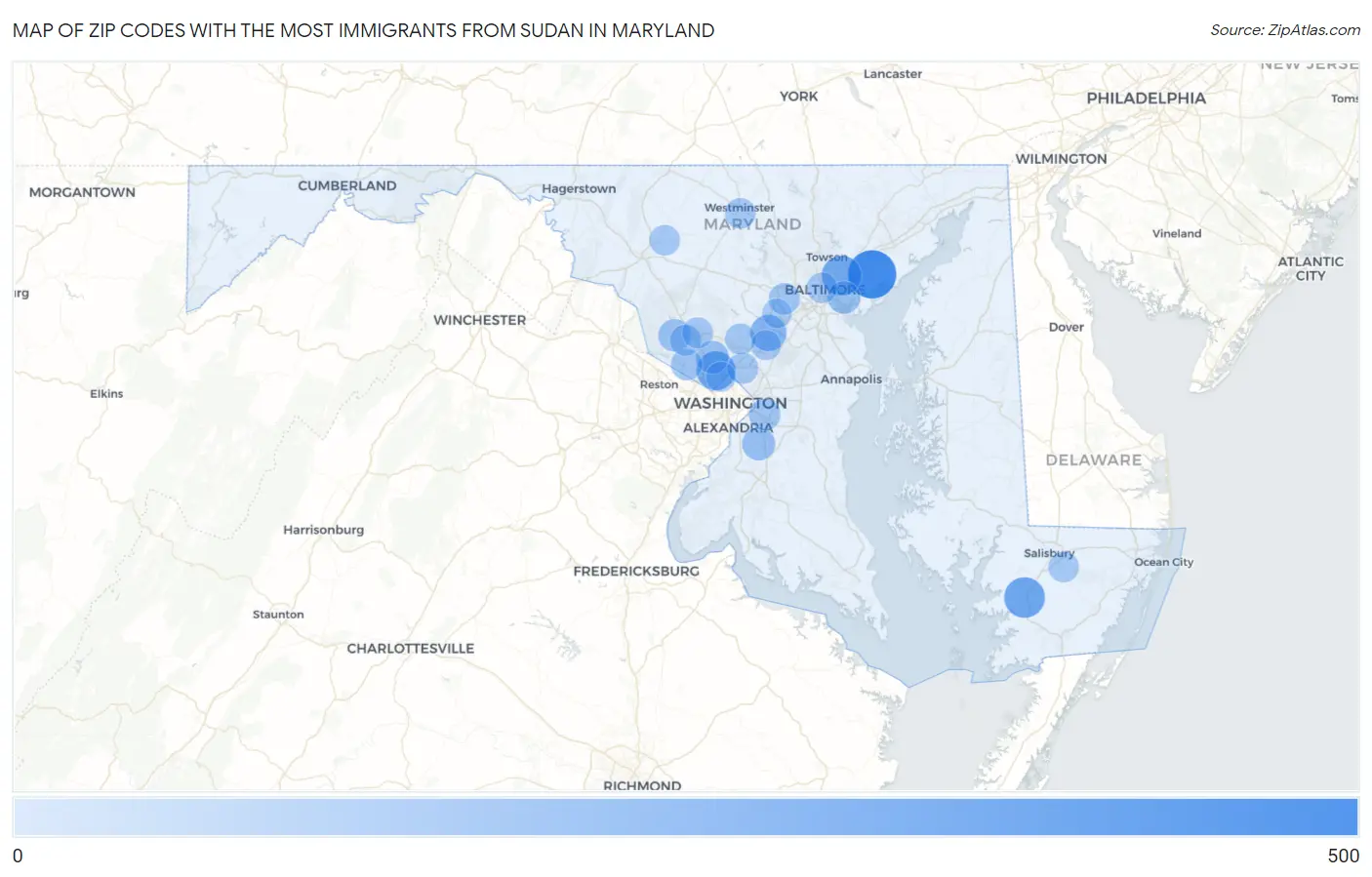 Zip Codes with the Most Immigrants from Sudan in Maryland Map