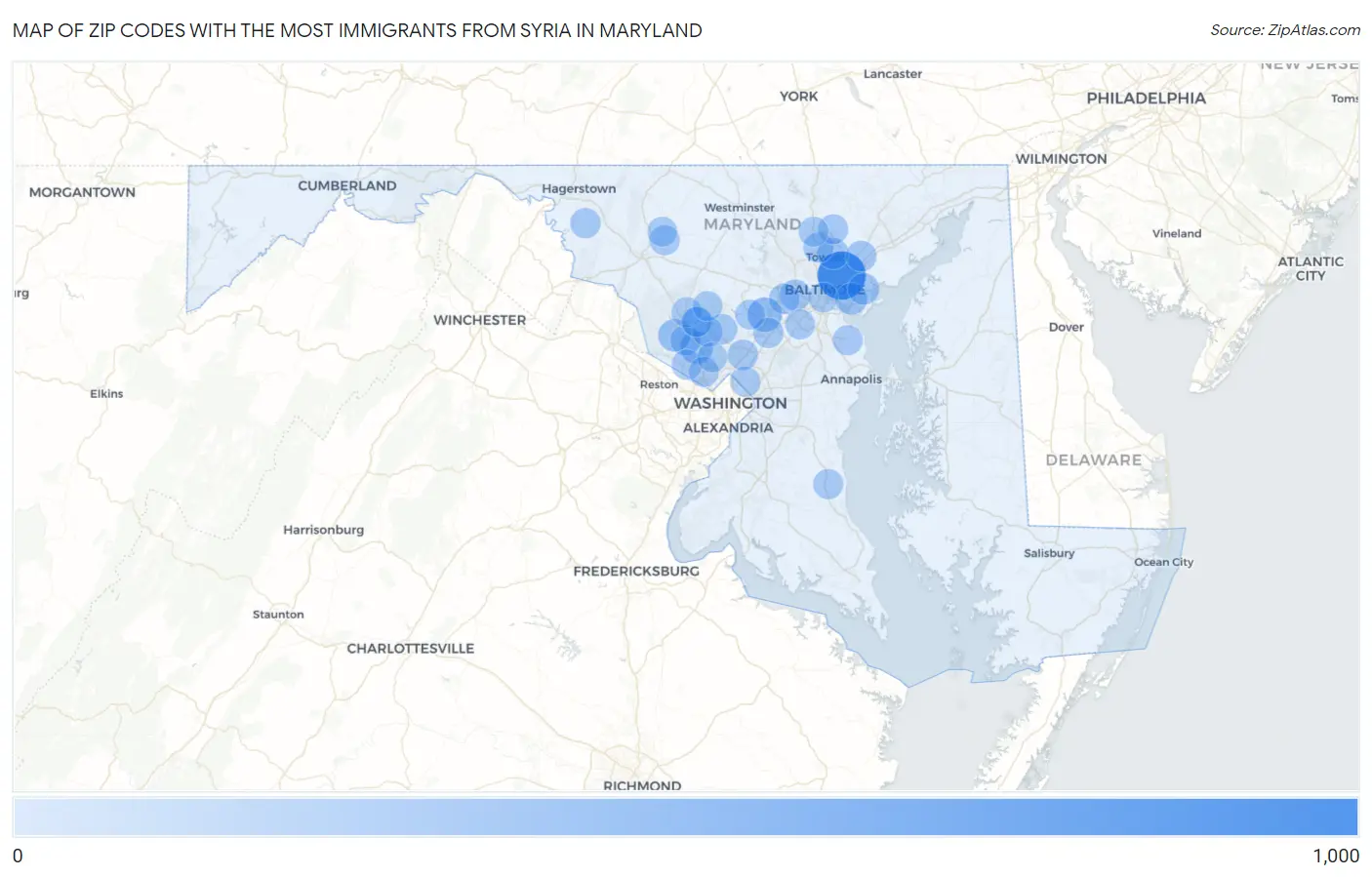 Zip Codes with the Most Immigrants from Syria in Maryland Map
