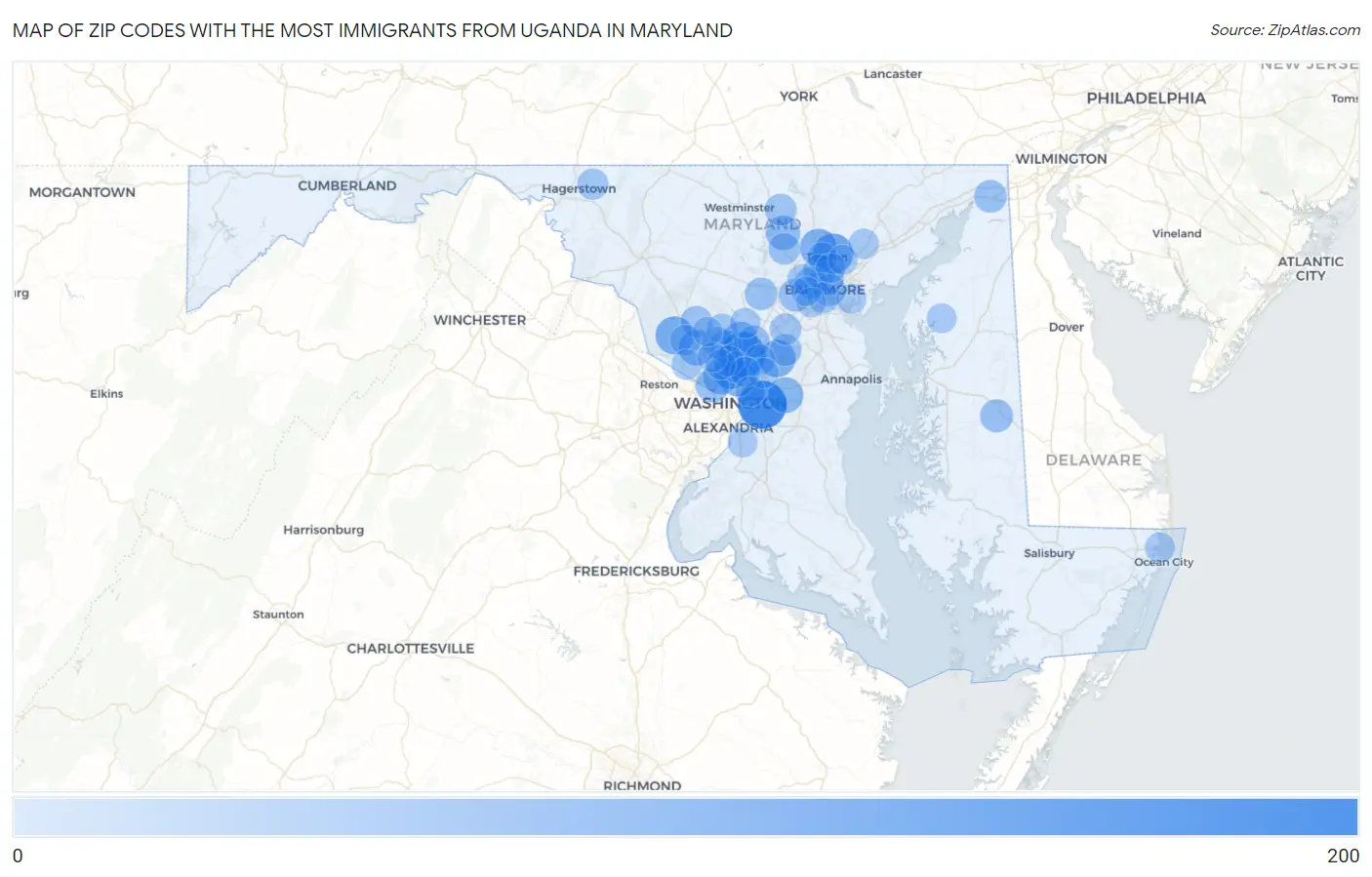 Zip Codes with the Most Immigrants from Uganda in Maryland Map