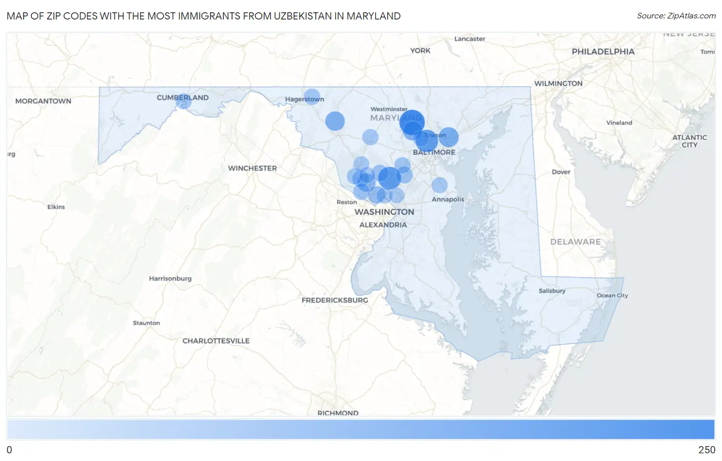 Zip Codes with the Most Immigrants from Uzbekistan in Maryland Map