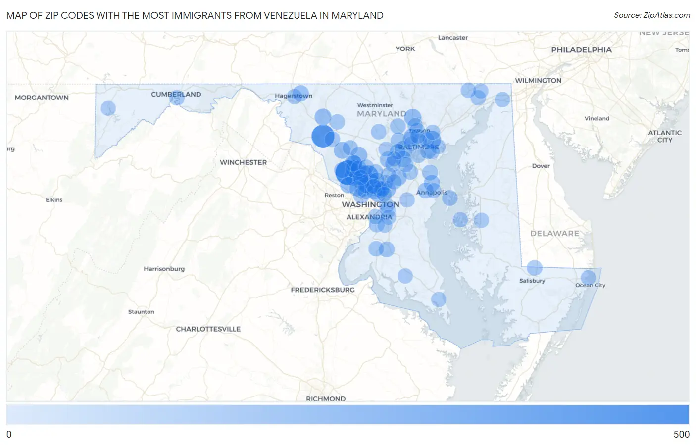 Zip Codes with the Most Immigrants from Venezuela in Maryland Map