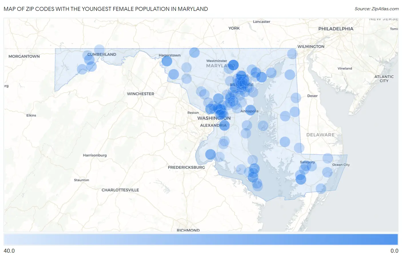 Zip Codes with the Youngest Female Population in Maryland Map