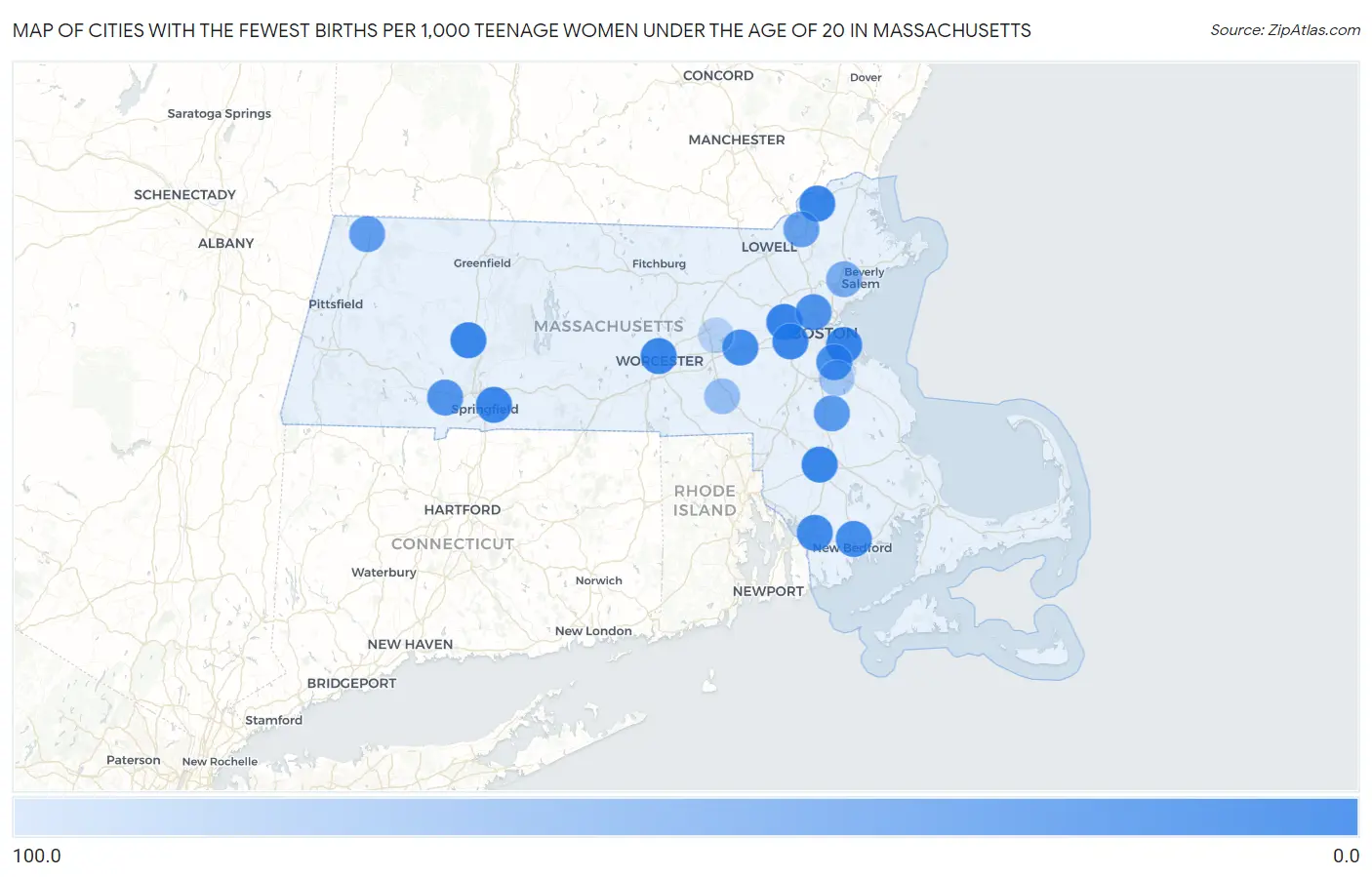 Cities with the Fewest Births per 1,000 Teenage Women Under the Age of 20 in Massachusetts Map
