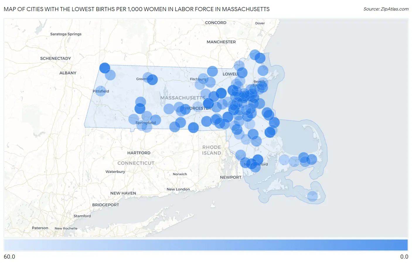 Cities with the Lowest Births per 1,000 Women in Labor Force in Massachusetts Map