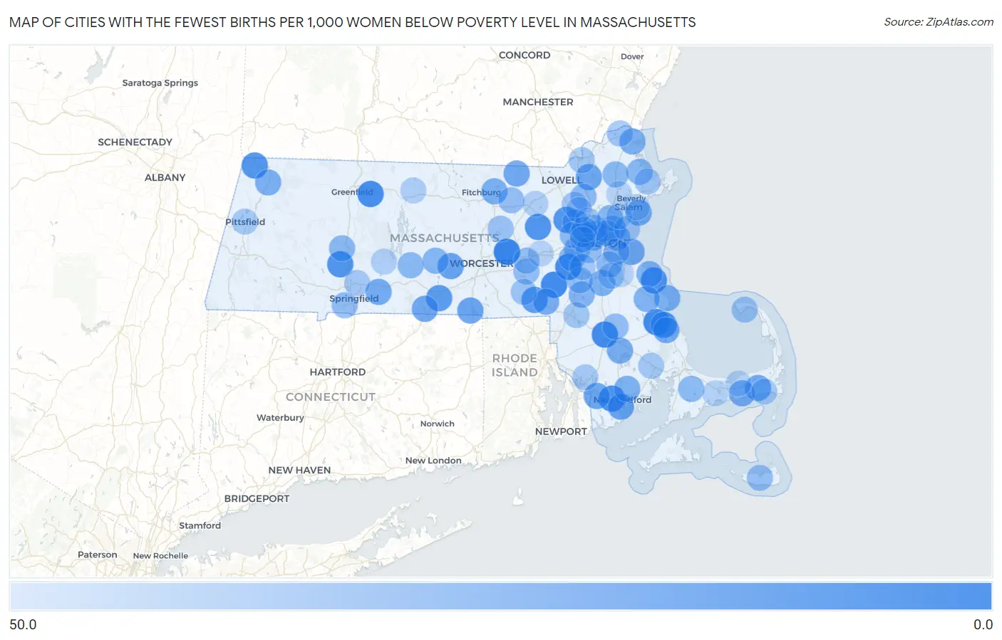 Cities with the Fewest Births per 1,000 Women Below Poverty Level in Massachusetts Map