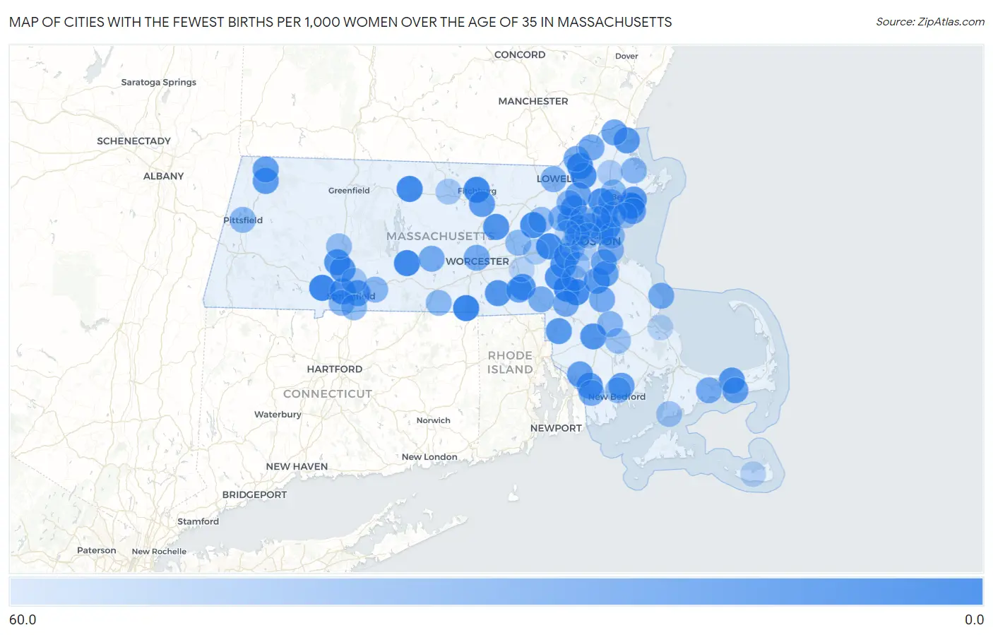 Cities with the Fewest Births per 1,000 Women Over the Age of 35 in Massachusetts Map