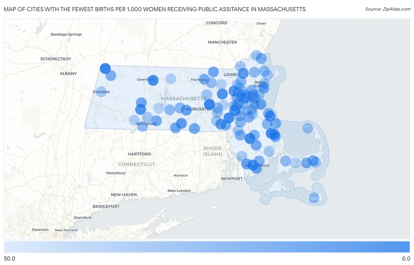 Cities with the Fewest Births per 1,000 Women Receiving Public Assitance in Massachusetts Map