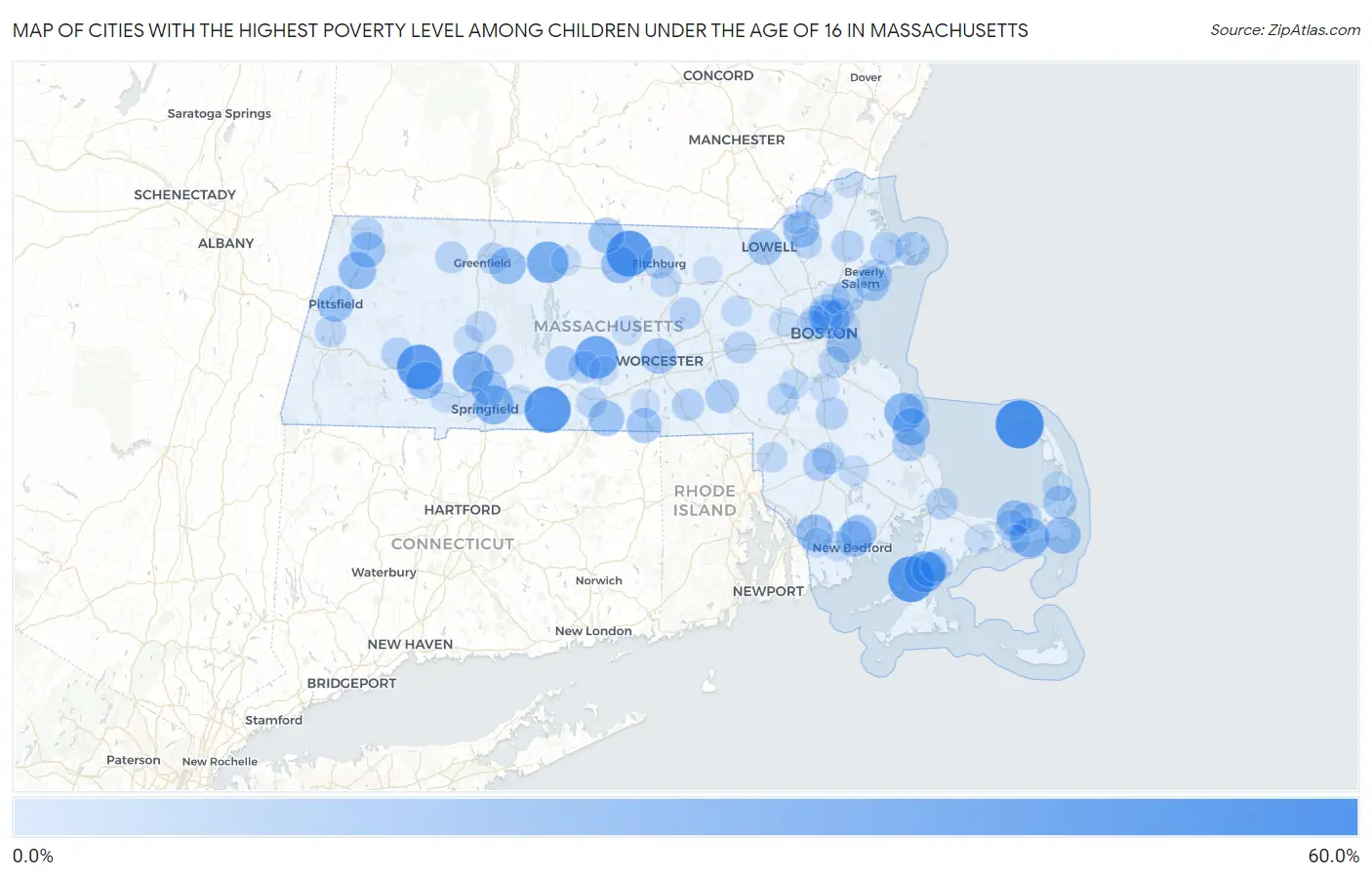 Cities with the Highest Poverty Level Among Children Under the Age of 16 in Massachusetts Map