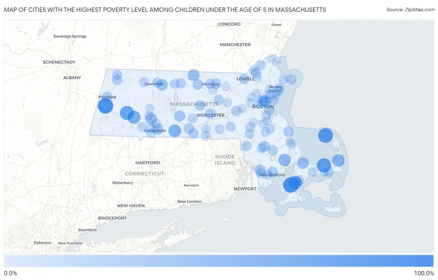 Cities with the Highest Poverty Level Among Children Under the Age of 5 in Massachusetts Map