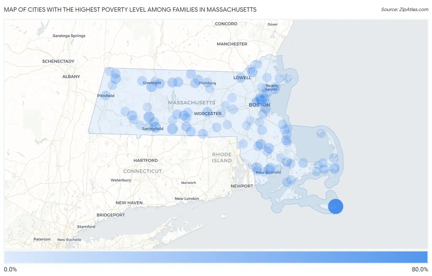 Cities with the Highest Poverty Level Among Families in Massachusetts Map