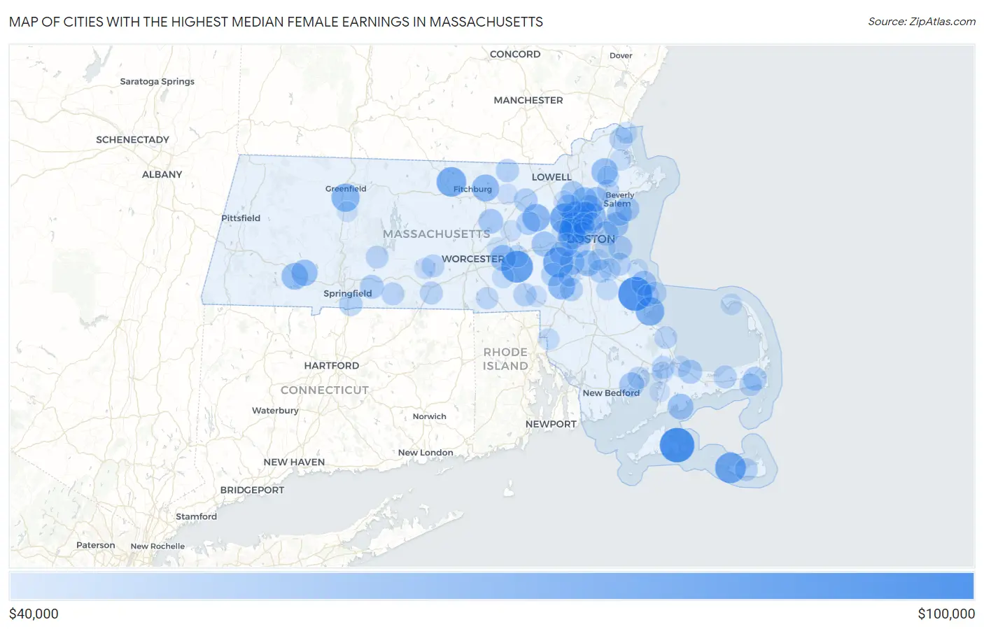 Cities with the Highest Median Female Earnings in Massachusetts Map