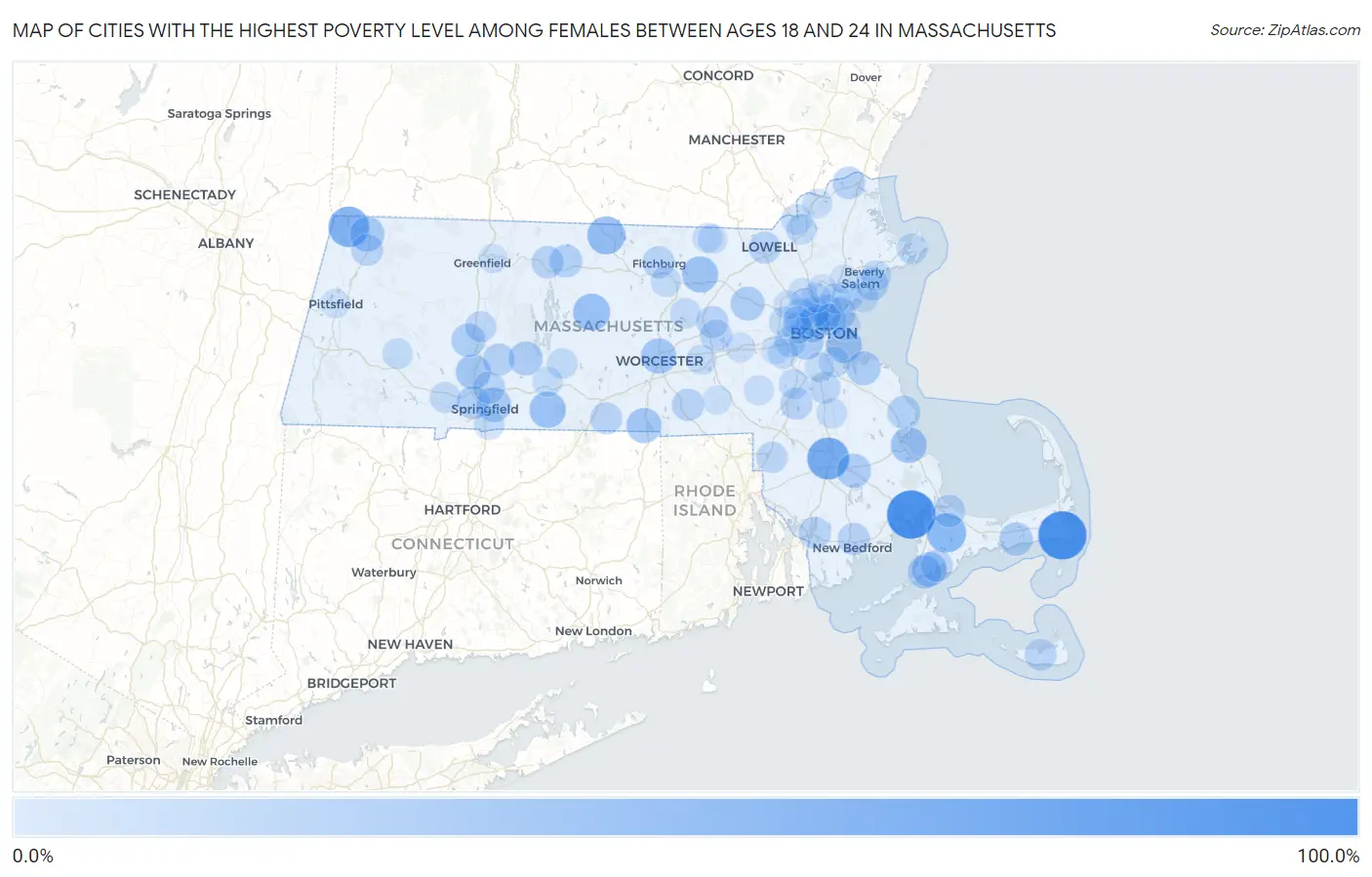 Cities with the Highest Poverty Level Among Females Between Ages 18 and 24 in Massachusetts Map
