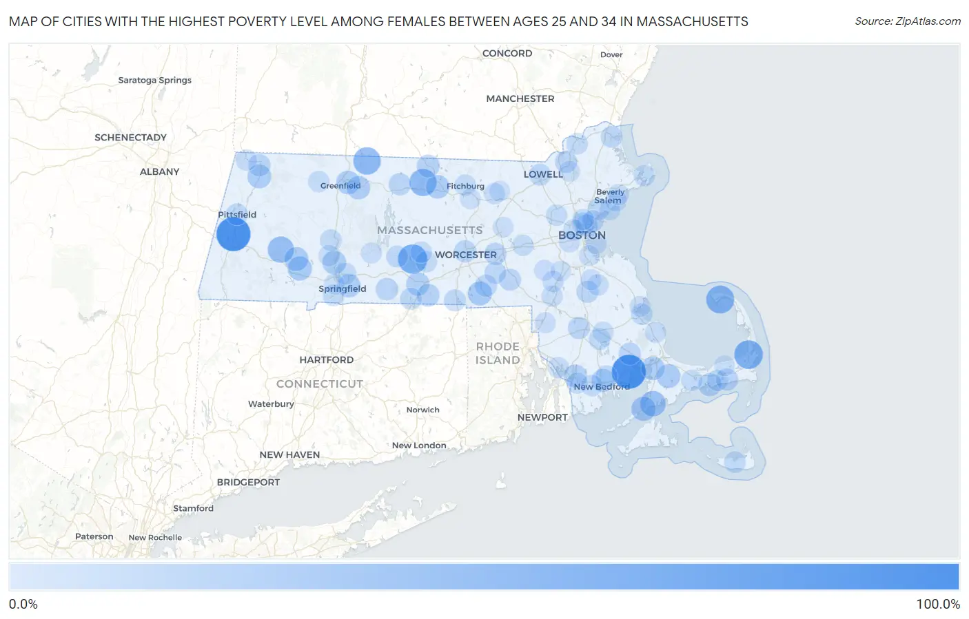 Cities with the Highest Poverty Level Among Females Between Ages 25 and 34 in Massachusetts Map