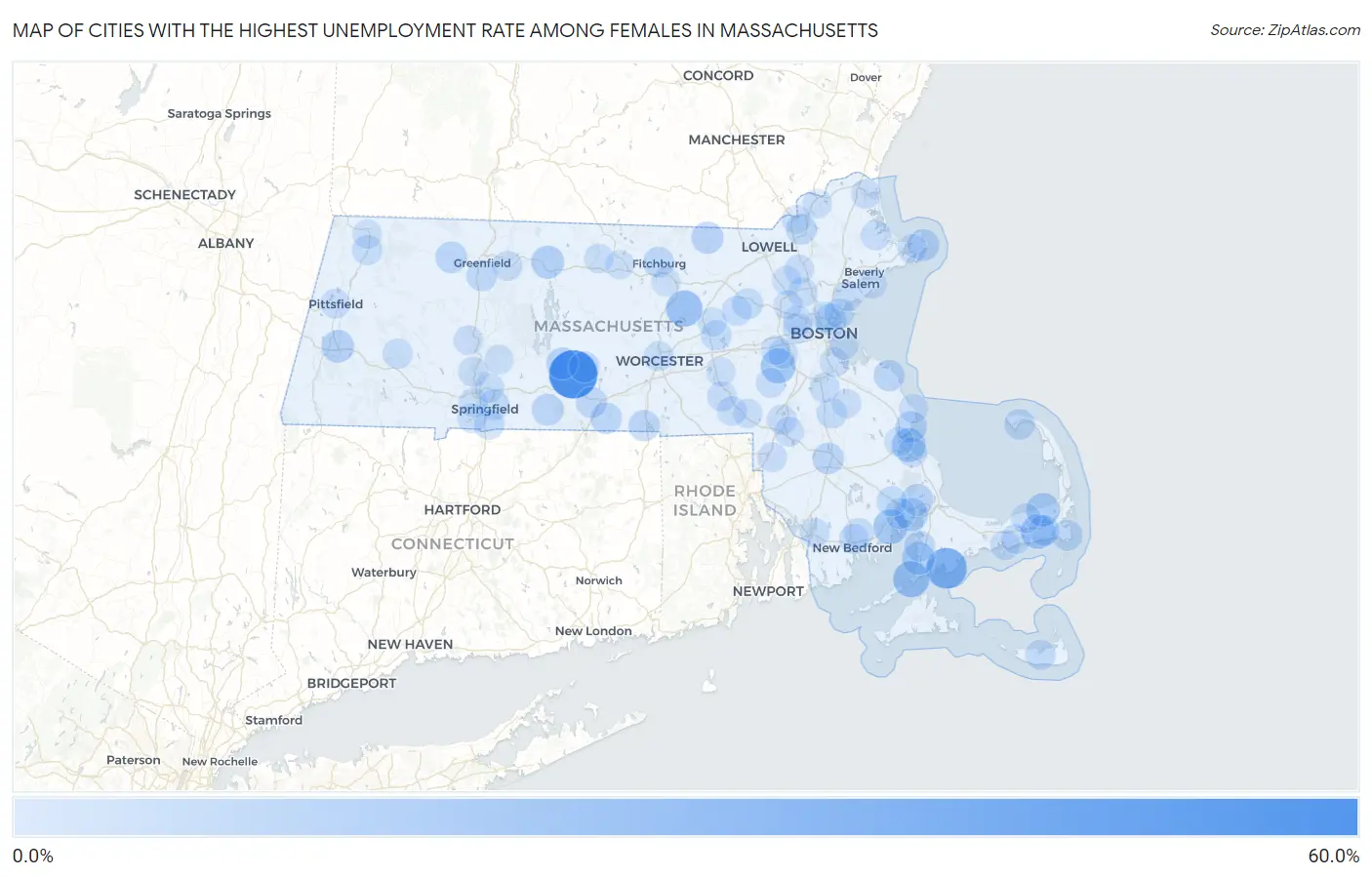 Cities with the Highest Unemployment Rate Among Females in Massachusetts Map