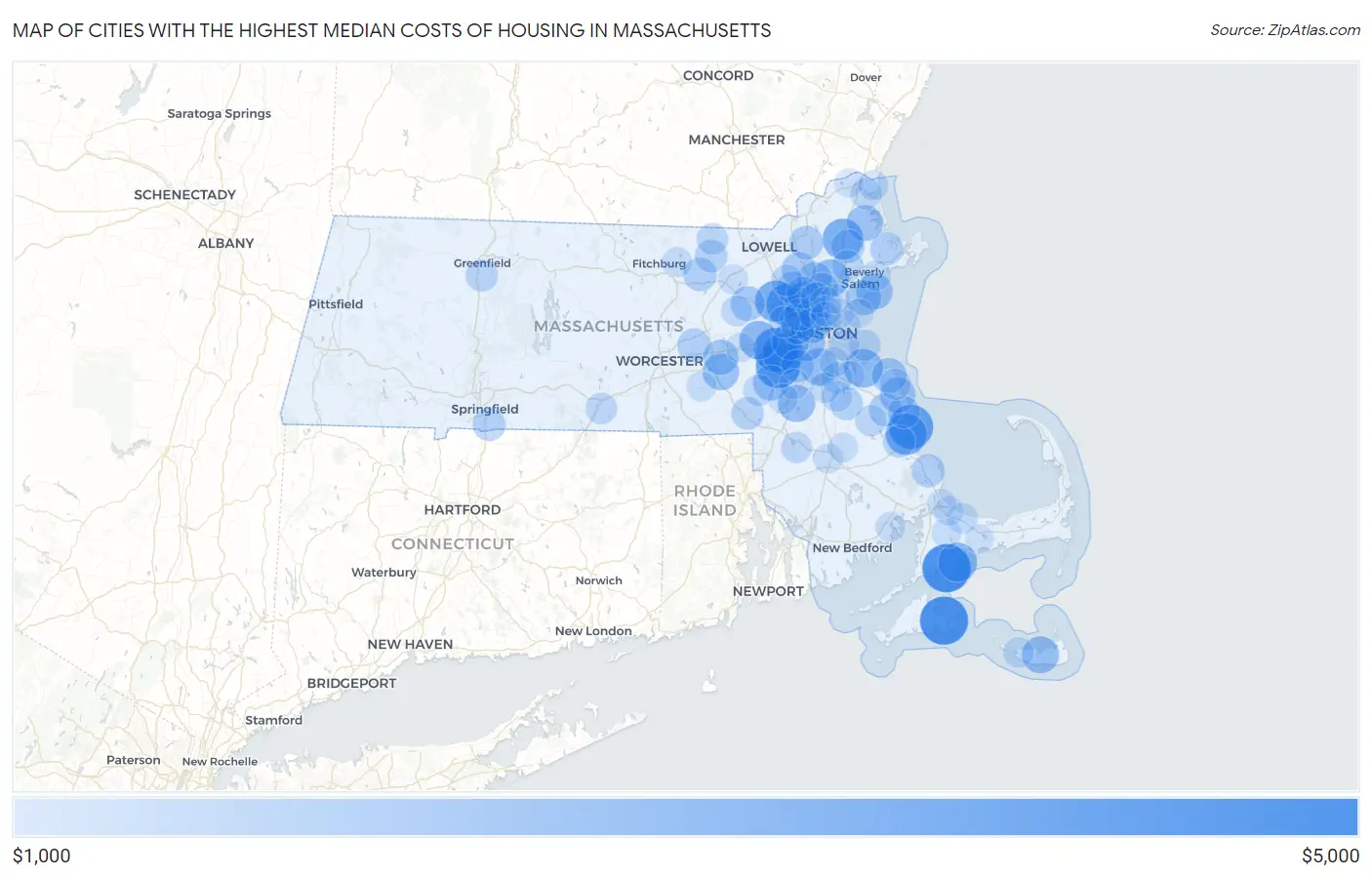 Cities with the Highest Median Costs of Housing in Massachusetts Map