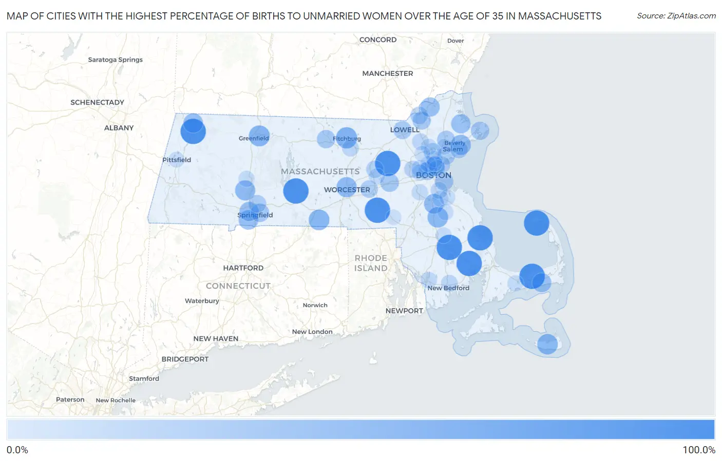 Cities with the Highest Percentage of Births to Unmarried Women over the Age of 35 in Massachusetts Map