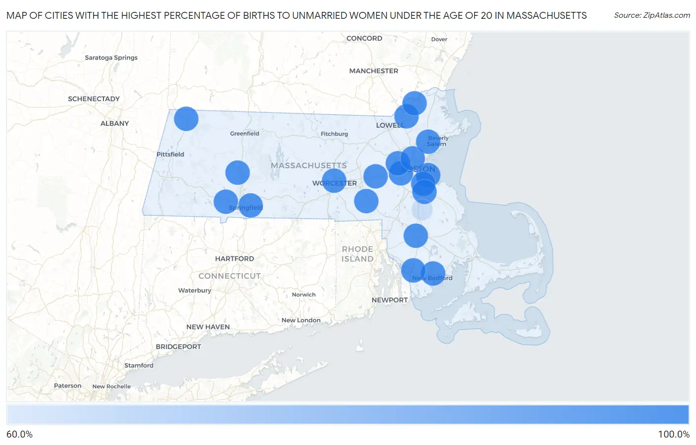 Cities with the Highest Percentage of Births to Unmarried Women under the Age of 20 in Massachusetts Map