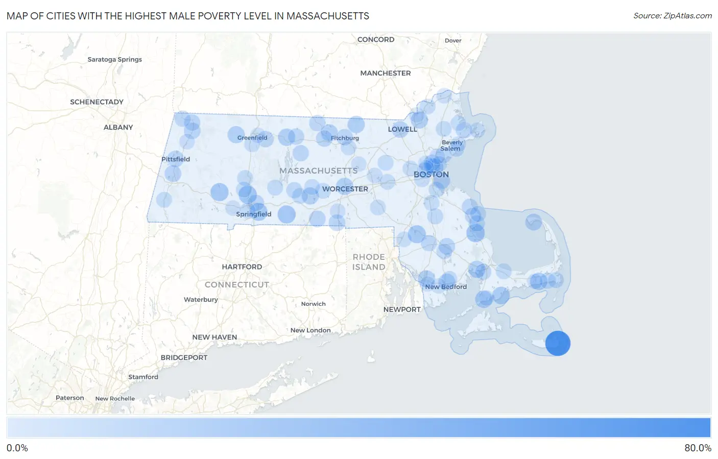 Cities with the Highest Male Poverty Level in Massachusetts Map