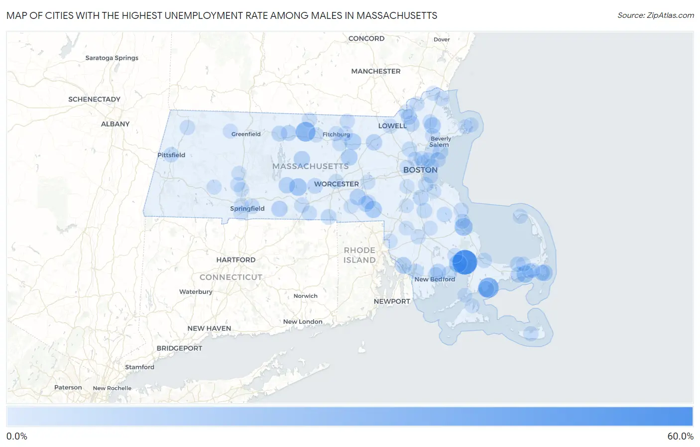 Cities with the Highest Unemployment Rate Among Males in Massachusetts Map