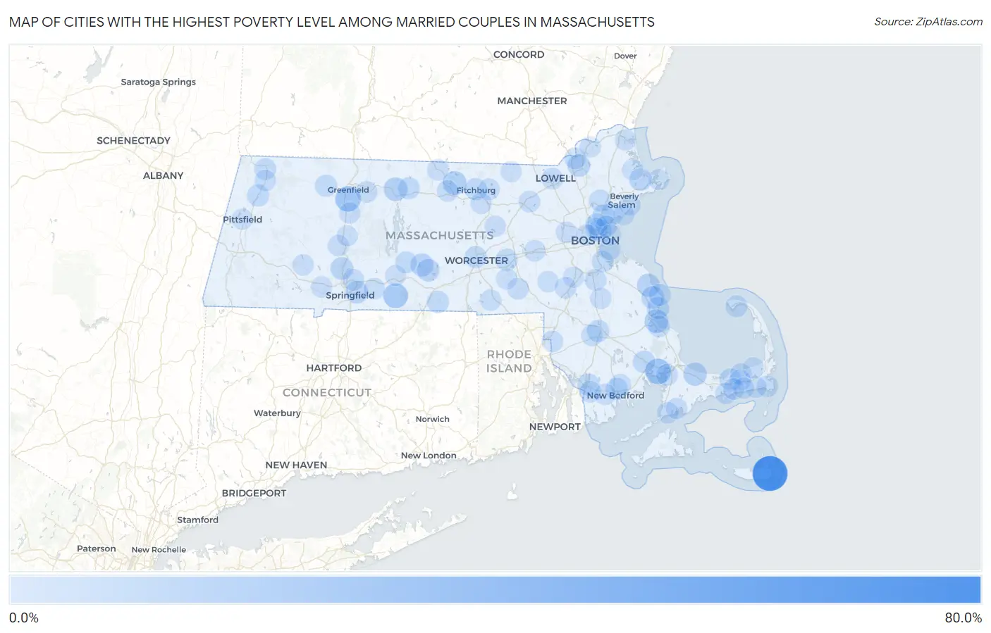 Cities with the Highest Poverty Level Among Married Couples in Massachusetts Map