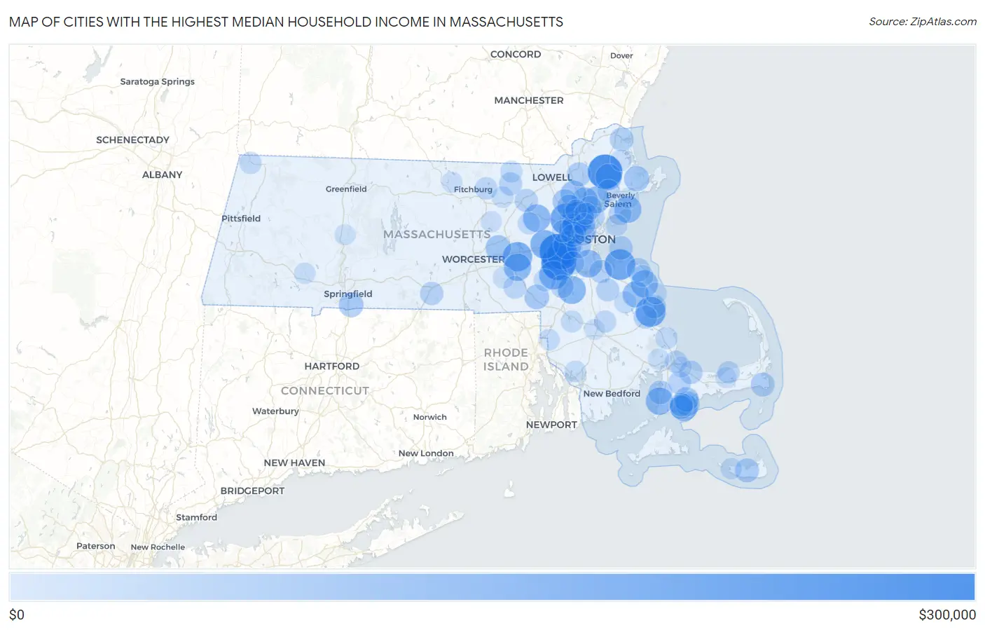 Cities with the Highest Median Household Income in Massachusetts Map