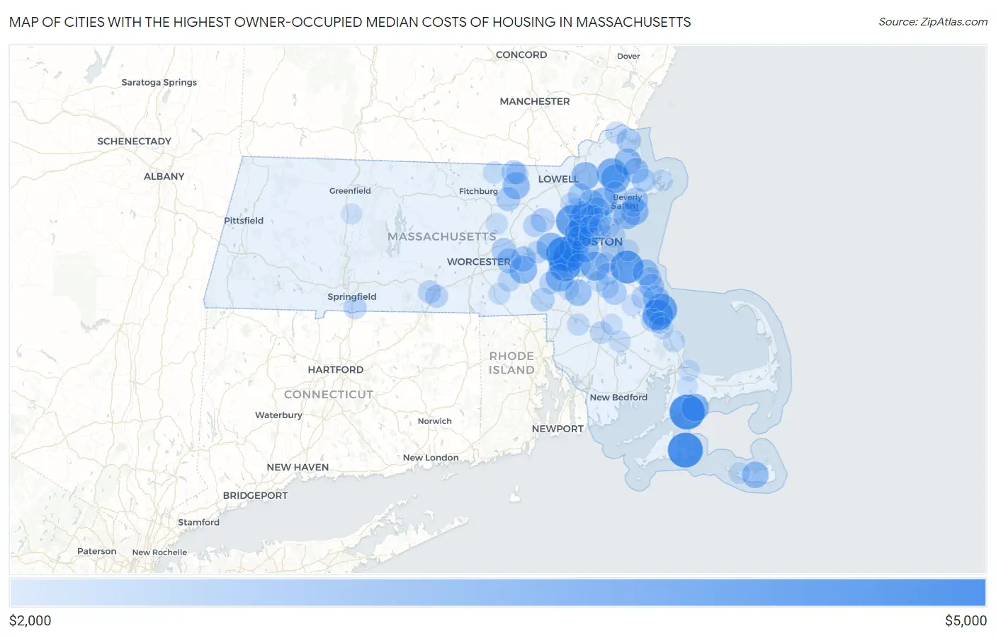 Cities with the Highest Owner-Occupied Median Costs of Housing in Massachusetts Map