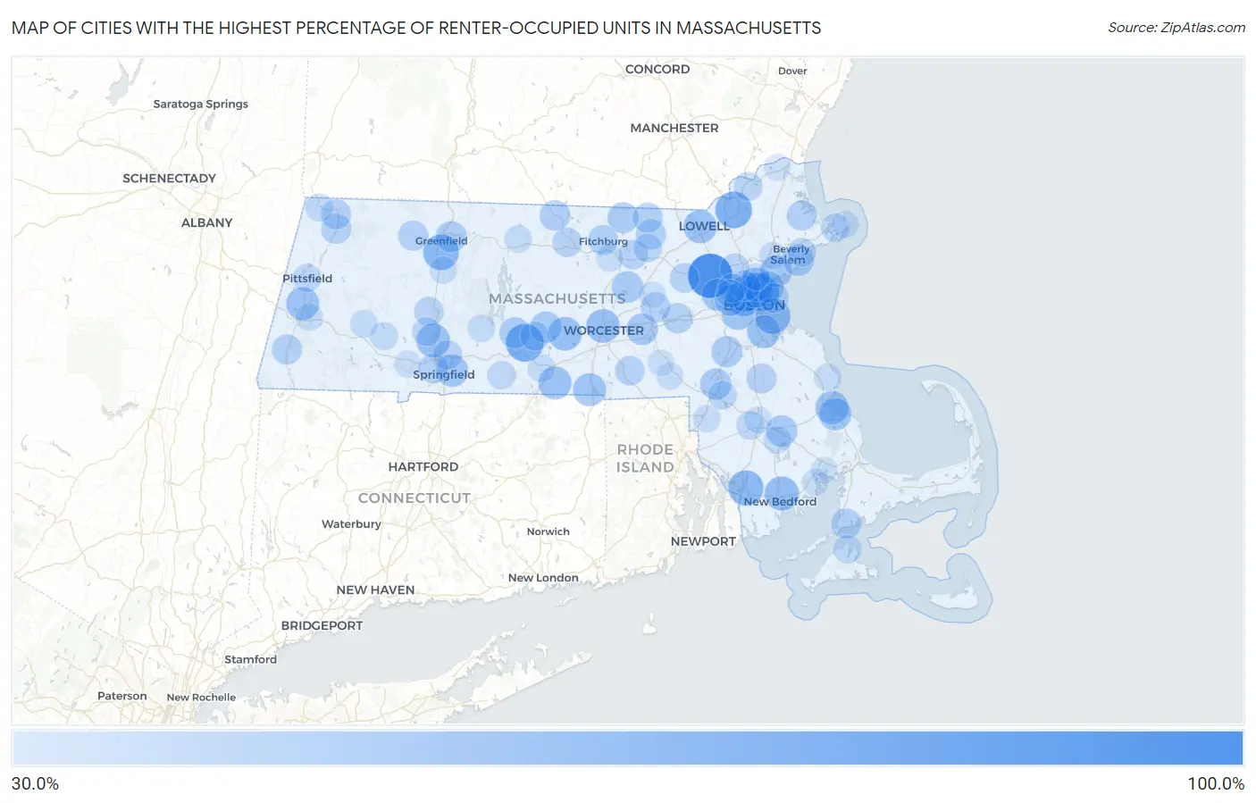 Cities with the Highest Percentage of Renter-Occupied Units in Massachusetts Map