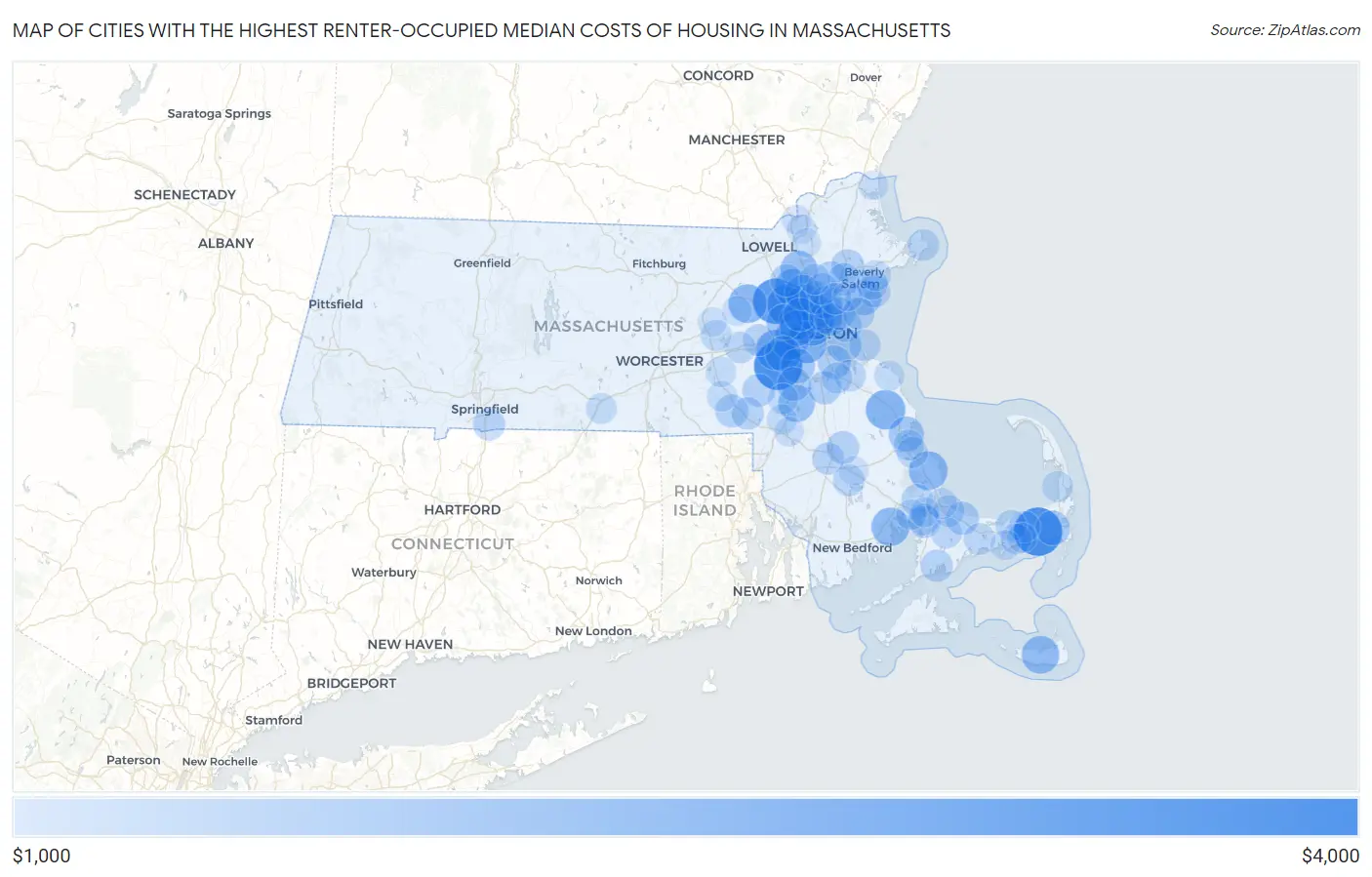 Cities with the Highest Renter-Occupied Median Costs of Housing in Massachusetts Map