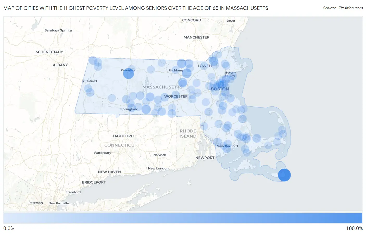 Cities with the Highest Poverty Level Among Seniors Over the Age of 65 in Massachusetts Map