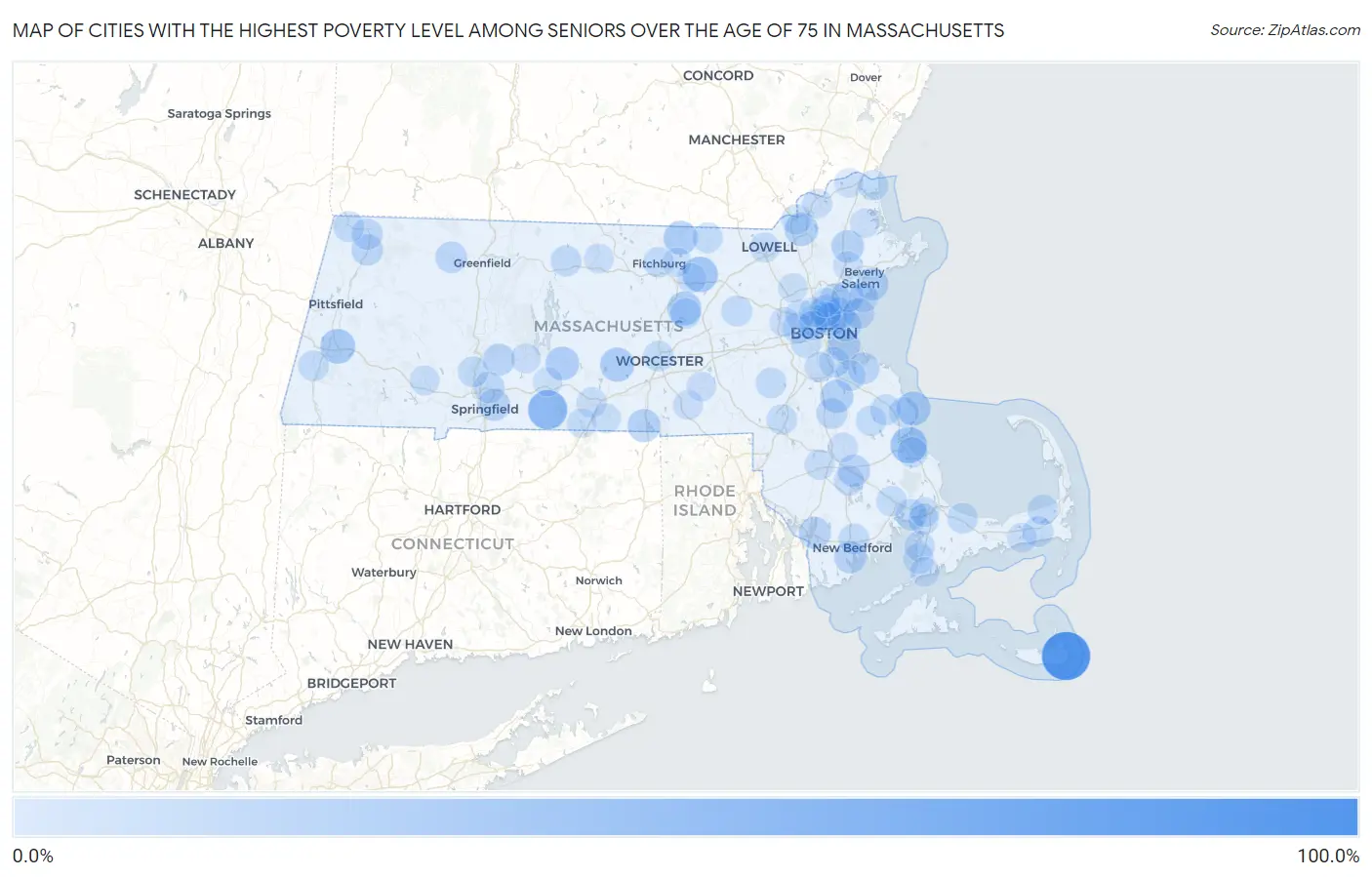 Cities with the Highest Poverty Level Among Seniors Over the Age of 75 in Massachusetts Map