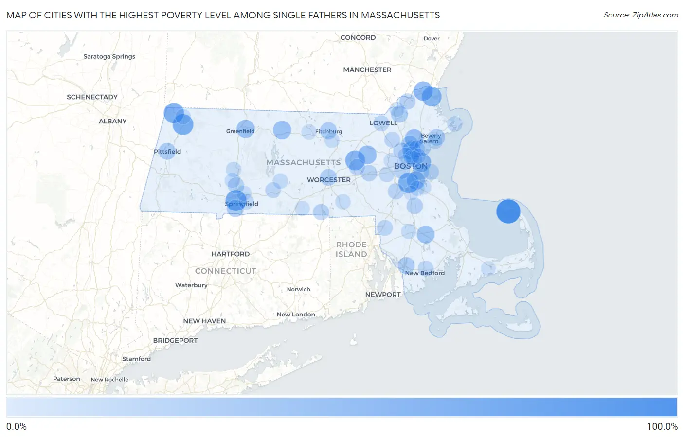 Cities with the Highest Poverty Level Among Single Fathers in Massachusetts Map