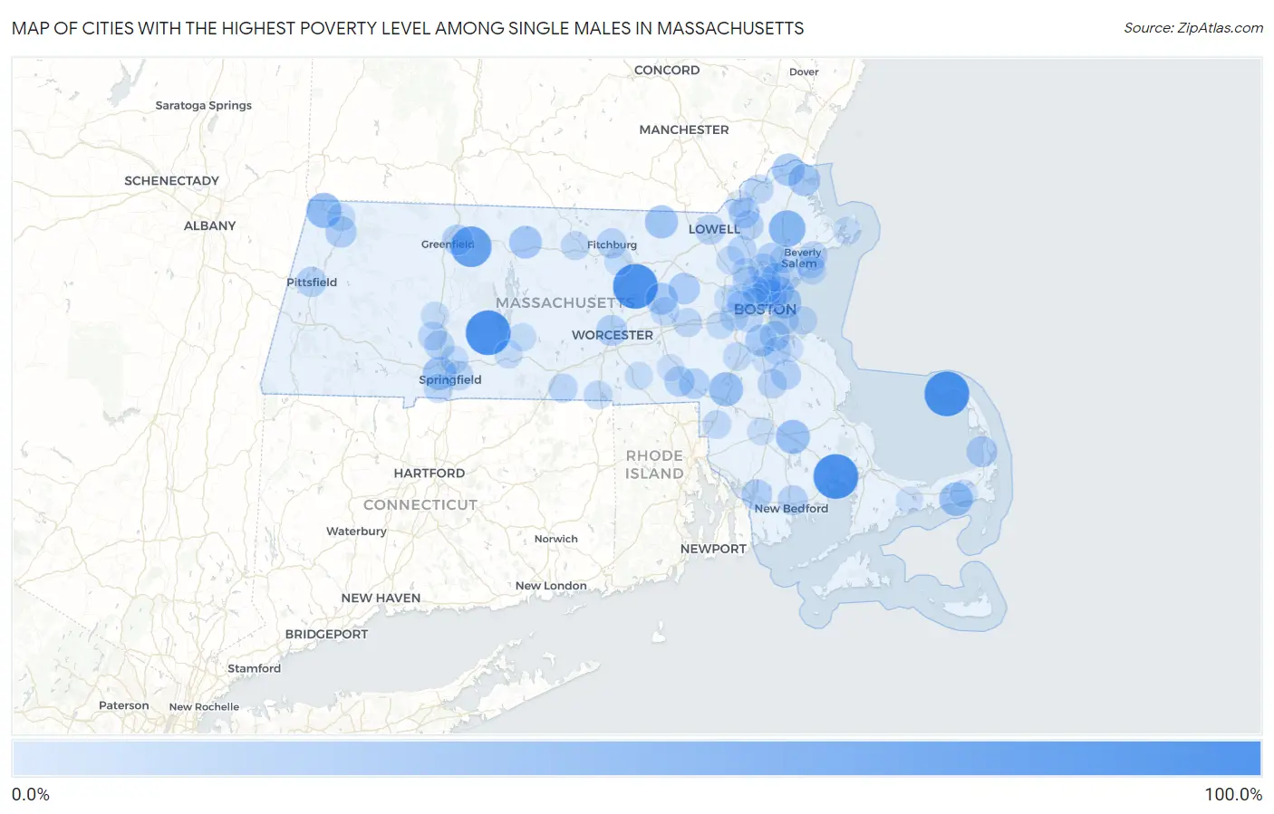 Cities with the Highest Poverty Level Among Single Males in Massachusetts Map