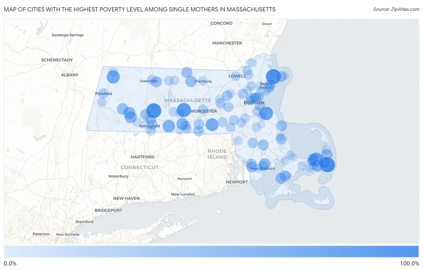 Cities with the Highest Poverty Level Among Single Mothers in Massachusetts Map