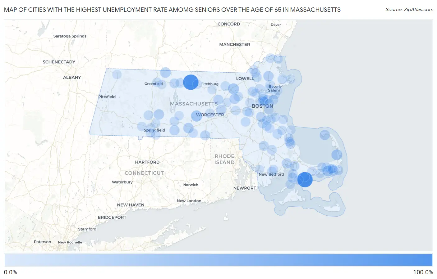 Cities with the Highest Unemployment Rate Amomg Seniors Over the Age of 65 in Massachusetts Map