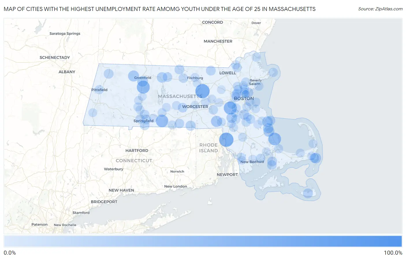 Cities with the Highest Unemployment Rate Amomg Youth Under the Age of 25 in Massachusetts Map
