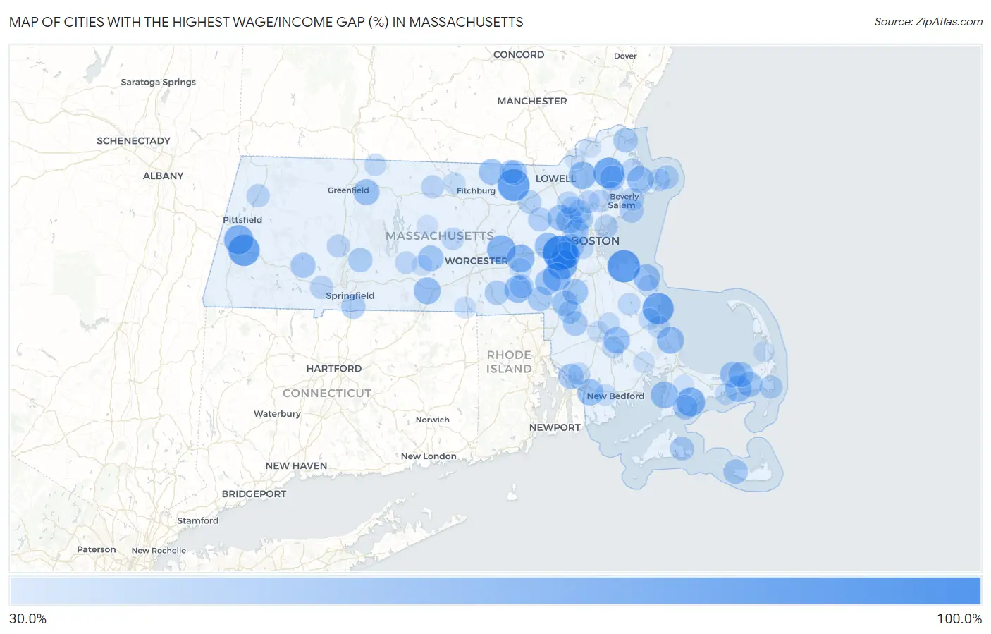 Cities with the Highest Wage/Income Gap (%) in Massachusetts Map