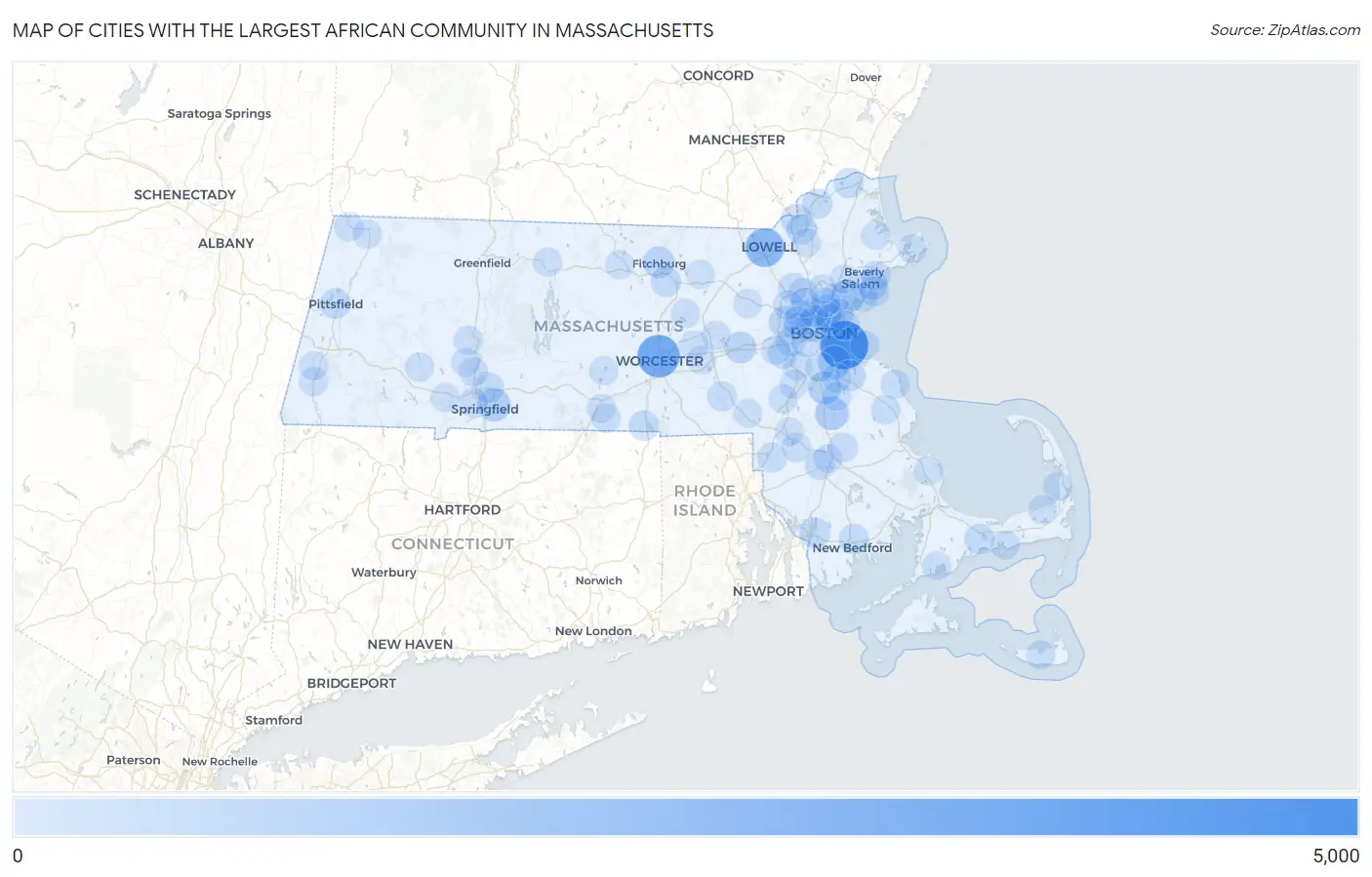 Cities with the Largest African Community in Massachusetts Map