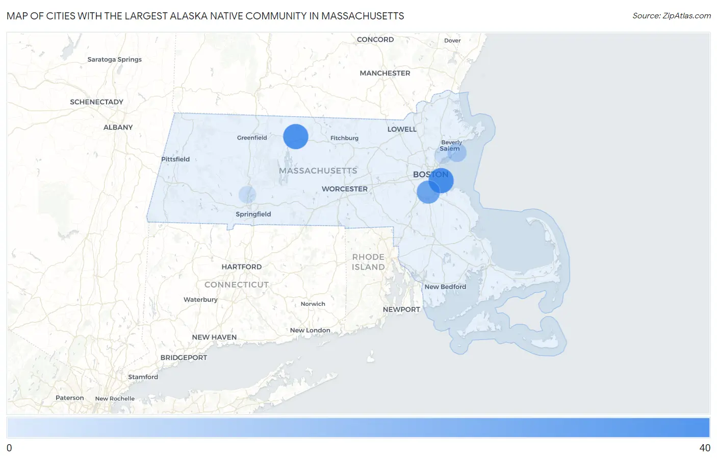 Cities with the Largest Alaska Native Community in Massachusetts Map