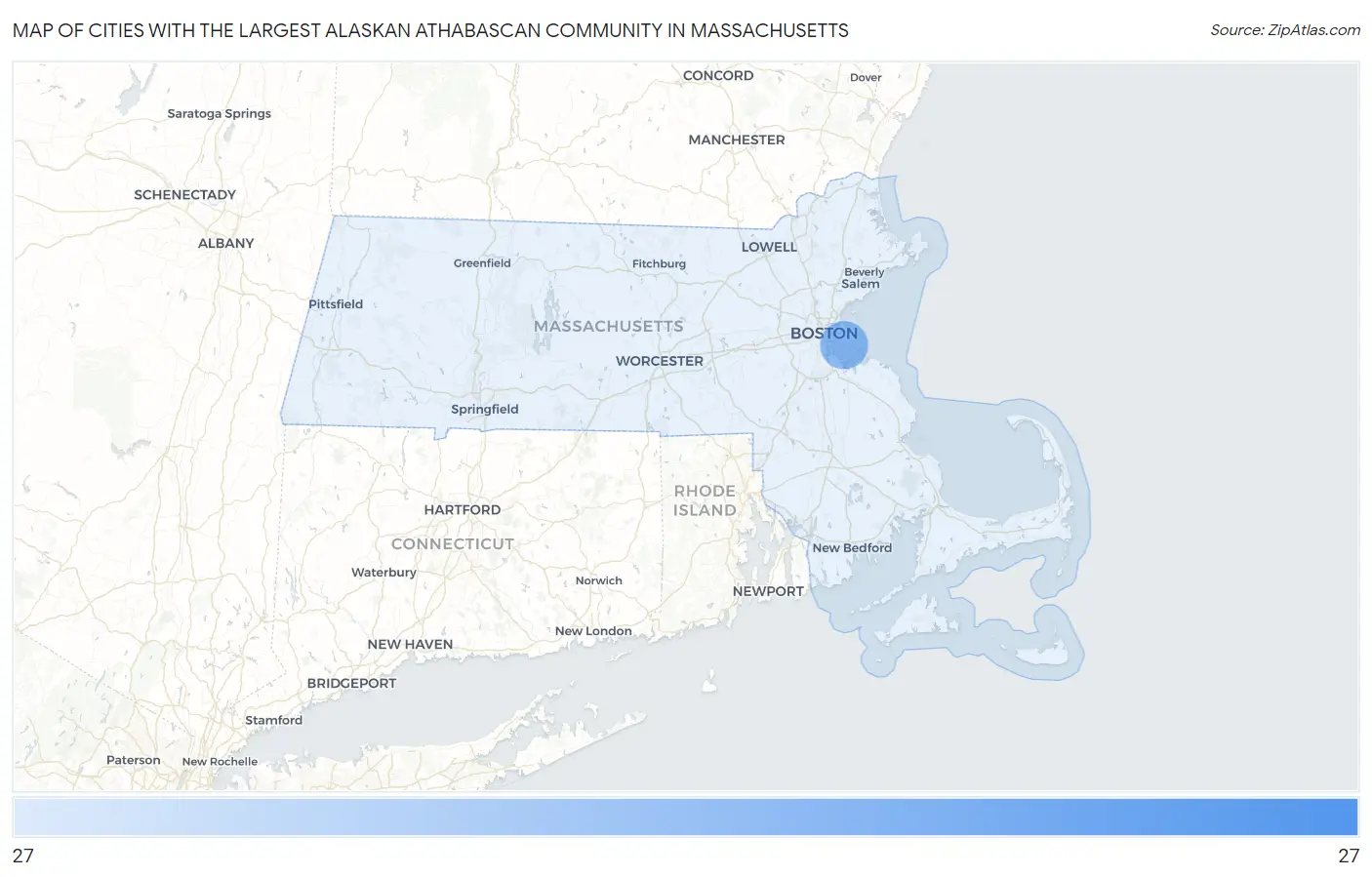 Cities with the Largest Alaskan Athabascan Community in Massachusetts Map