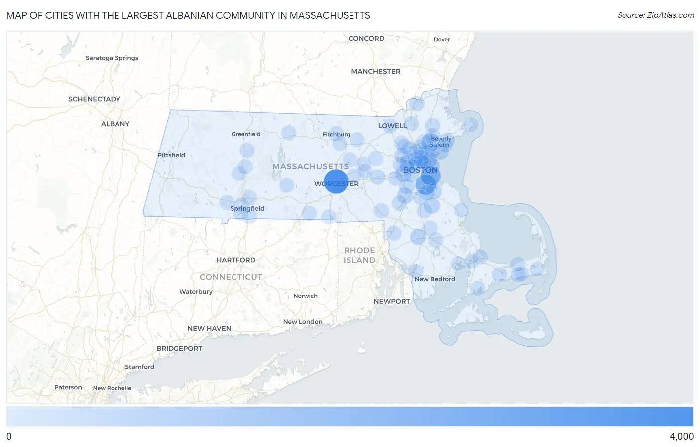 Cities with the Largest Albanian Community in Massachusetts Map
