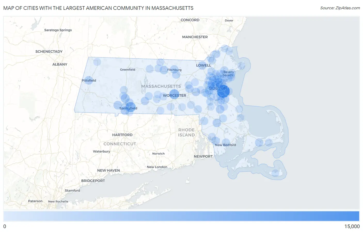 Cities with the Largest American Community in Massachusetts Map